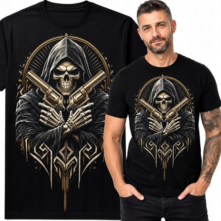 Koszulka męska z zakapturzonym kościotrupem i rewolwerami - gothic western