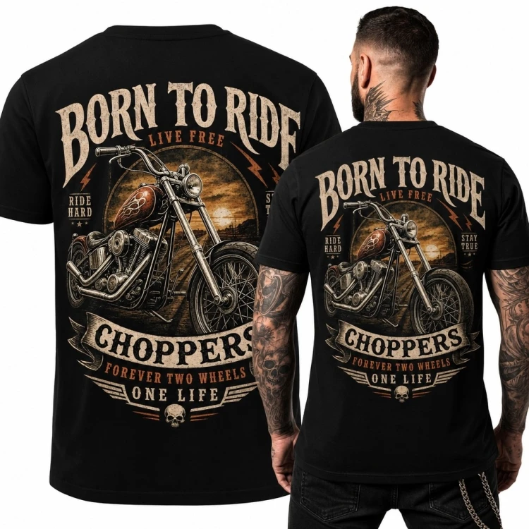 Koszulka męska z chopperem „Born to Ride” - motocyklowy nadruk na plecach