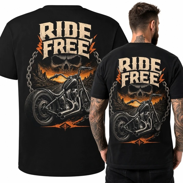 Koszulka męska z chopperem i czaszką „Ride Free” - motocyklowy nadruk na plecach