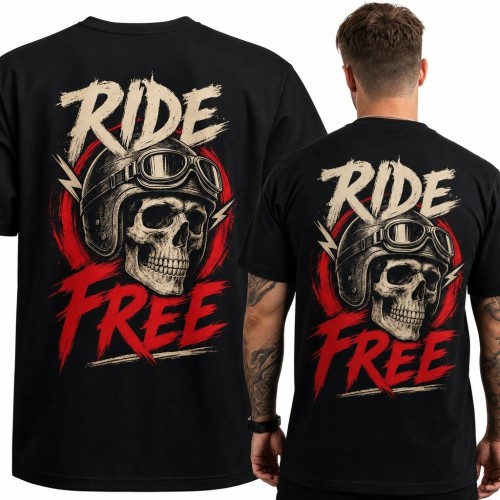 Koszulka męska motocyklowa z czaszką „Ride Free” - duży nadruk na plecach