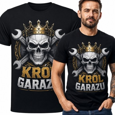 Koszulka męska „Król garażu” - czaszka w koronie i skrzyżowane klucze