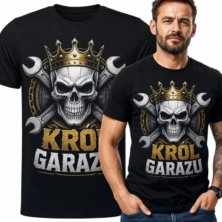 Koszulka męska „Król garażu” - czaszka w koronie i skrzyżowane klucze