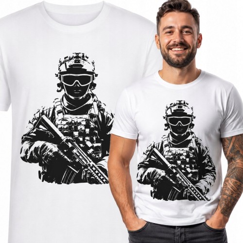 Koszulka męska z uzbrojonym żołnierzem - militarny nadruk taktyczny