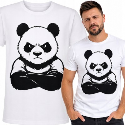 Koszulka męska z groźną pandą - czarno-biały nadruk