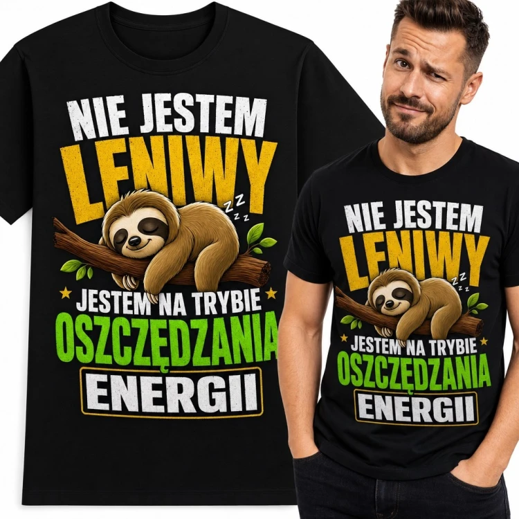 Koszulka męska z leniwcem „Nie jestem leniwy, jestem na trybie oszczędzania energii”