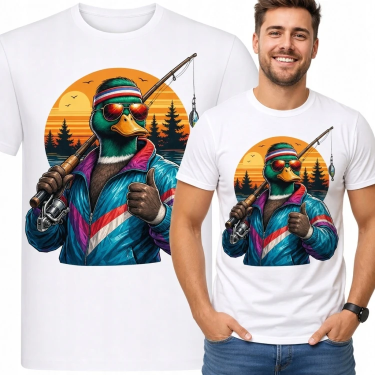 Koszulka męska z kaczorem-wędkarzem - wędkarski motyw retro