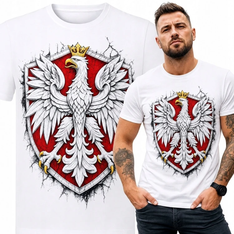 Koszulka męska z koronowanym białym orłem na czerwonej tarczy