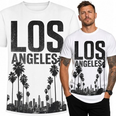Koszulka męska z palmami i panoramą miasta „Los Angeles” - czarno-biały nadruk