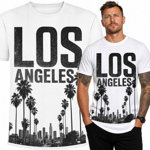 Koszulka męska z palmami i panoramą miasta „Los Angeles” - czarno-biały nadruk