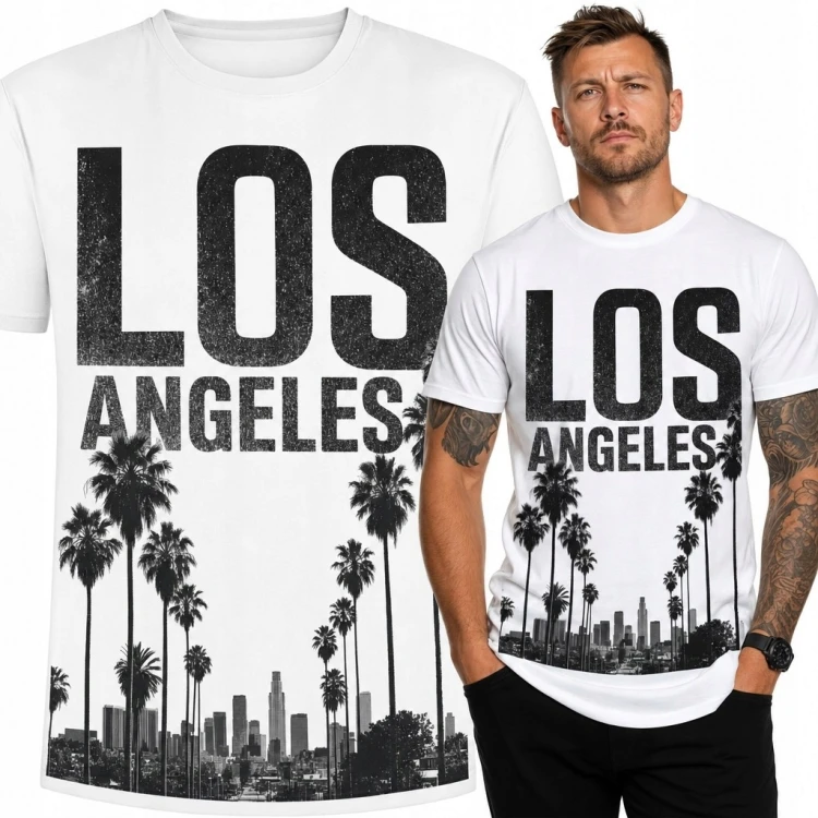 Koszulka męska z palmami i panoramą miasta „Los Angeles” - czarno-biały nadruk