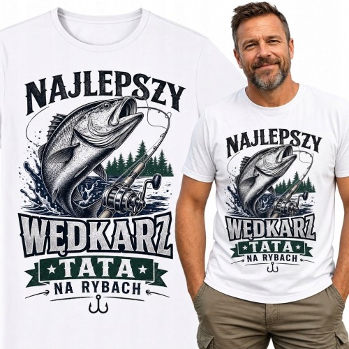 Koszulka męska dla taty wędkarza z rybą - „Najlepszy wędkarz / tata / na rybach”