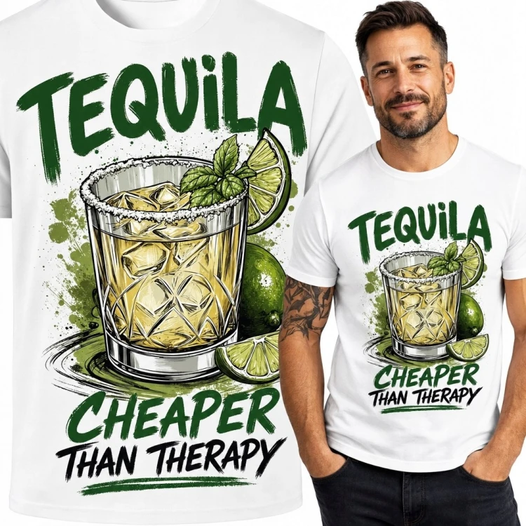 Koszulka męska z tequilą i limonkami „Tequila Cheaper Than Therapy” - humorystyczny nadruk