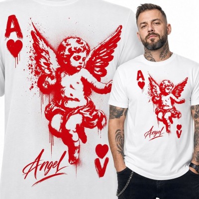Koszulka męska z cherubinem i napisem „Angel” - as kier w stylu graffiti