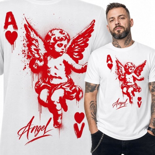 Koszulka męska z cherubinem i napisem „Angel” - as kier w stylu graffiti