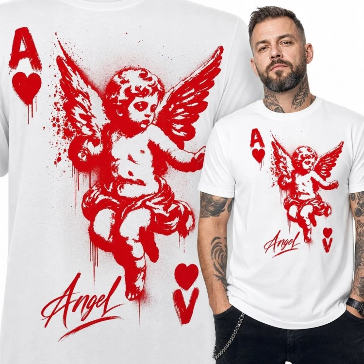 Koszulka męska z cherubinem i napisem „Angel” - as kier w stylu graffiti