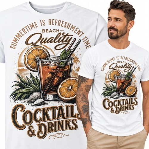 Koszulka męska „Cocktails &amp; Drinks” z koktajlem - wakacyjny nadruk retro
