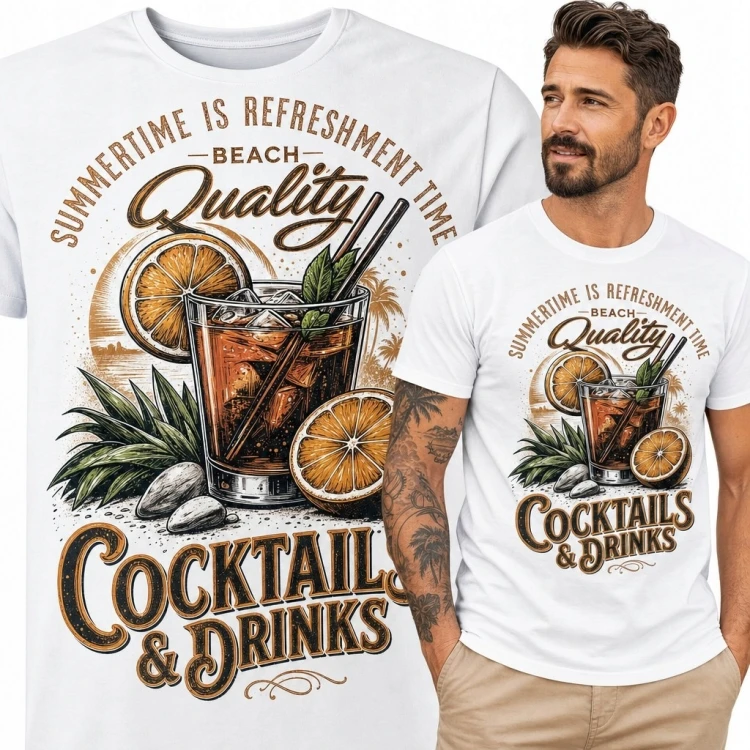Koszulka męska „Cocktails &amp; Drinks” z koktajlem - wakacyjny nadruk retro