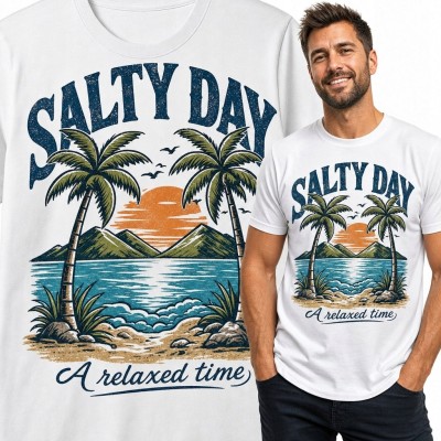 Koszulka męska „Salty Day” - tropikalna plaża z palmami