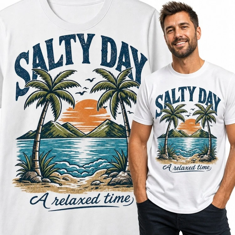 Koszulka męska „Salty Day” - tropikalna plaża z palmami