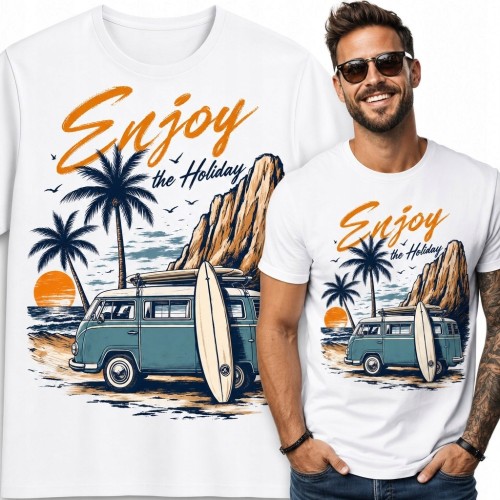 Koszulka męska „Enjoy the Holiday” - retro surfing i kamper
