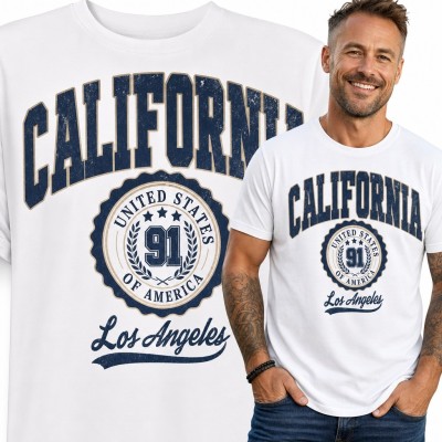 Koszulka męska „California” z motywem Los Angeles i numerem 91 - varsity retro