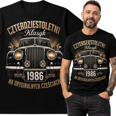 Koszulka męska na 40 urodziny „Czterdziestoletni klasyk” - czarna z autem i rocznikiem 1986