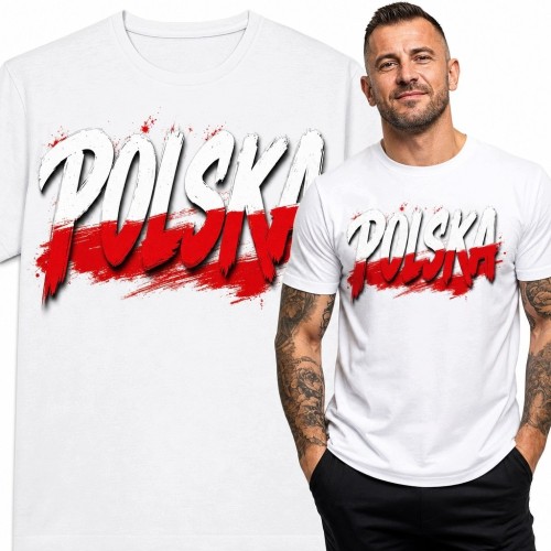 Koszulka męska z patriotycznym napisem „Polska” - biało-czerwony wzór grunge