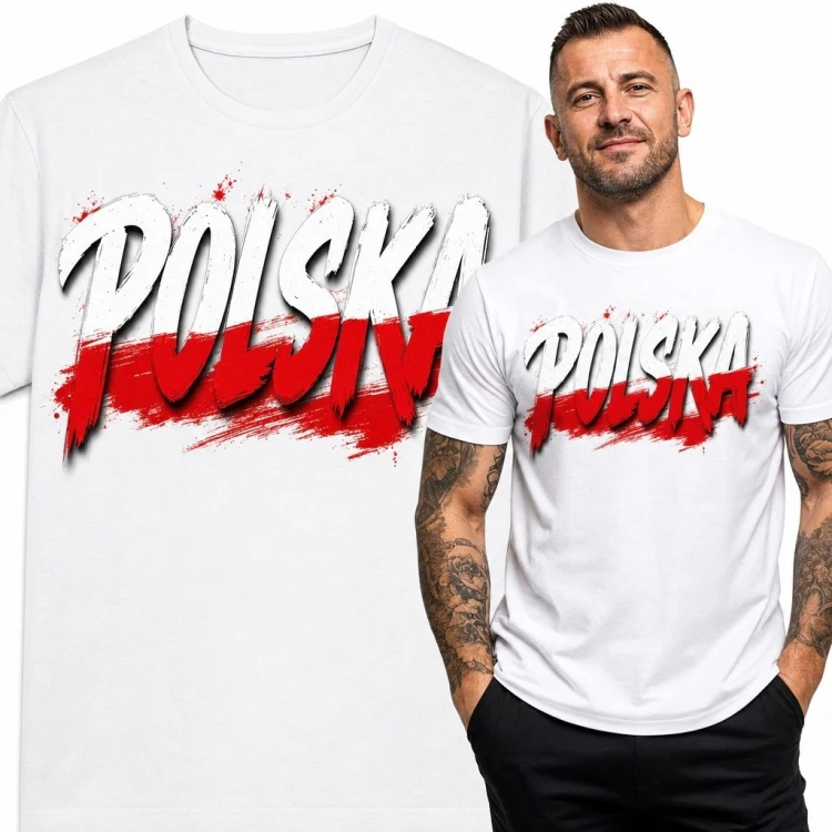 Koszulka męska z patriotycznym napisem „Polska” - biało-czerwony wzór grunge