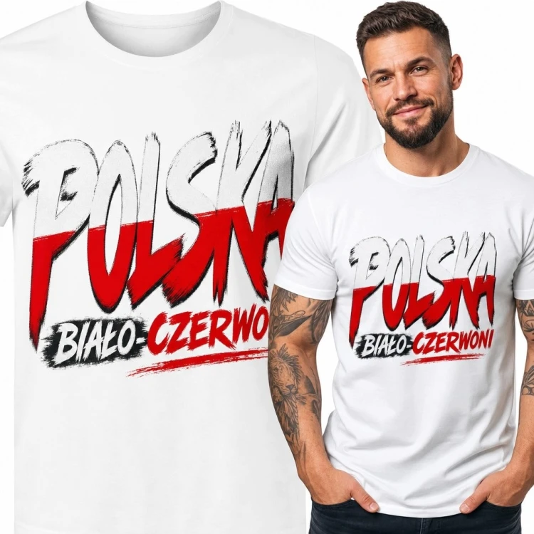 Koszulka męska „Polska” - biało-czerwone litery w ekspresyjnym stylu pędzla