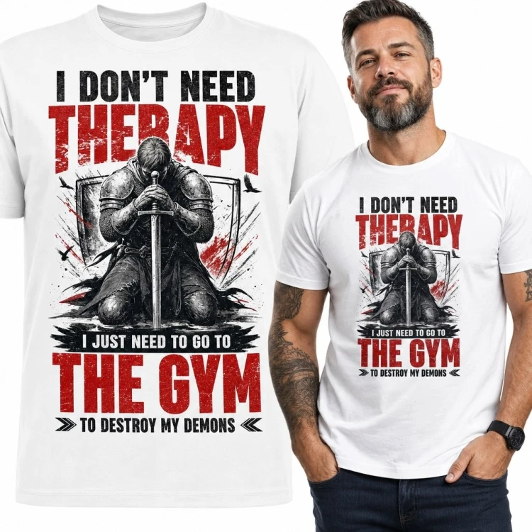 Koszulka męska na siłownię z rycerzem „I don't need therapy, I just need to go to the gym” - mroczny motyw treningowy