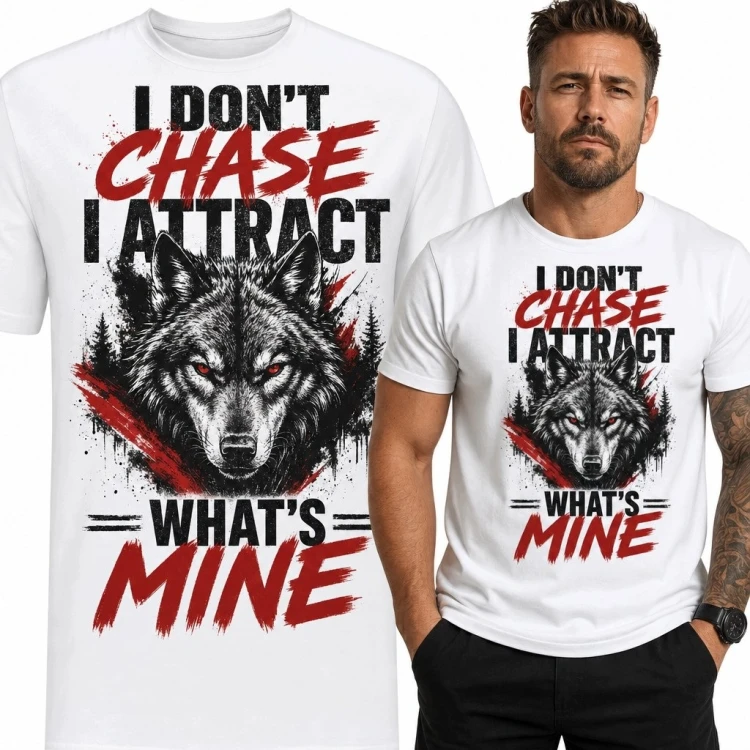 Koszulka męska z wilkiem „I Don't Chase I Attract What's Mine” - drapieżny motyw