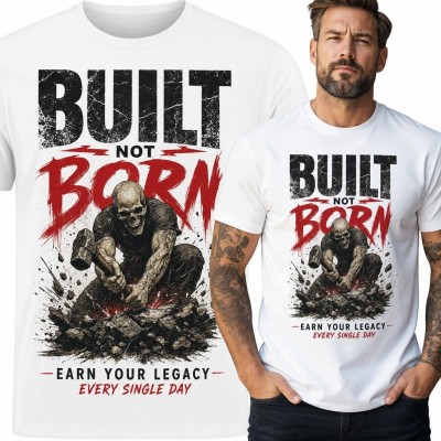 Koszulka męska z czaszkową postacią i młotem „Built Not Born”