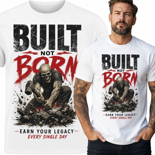 Koszulka męska z czaszkową postacią i młotem „Built Not Born”