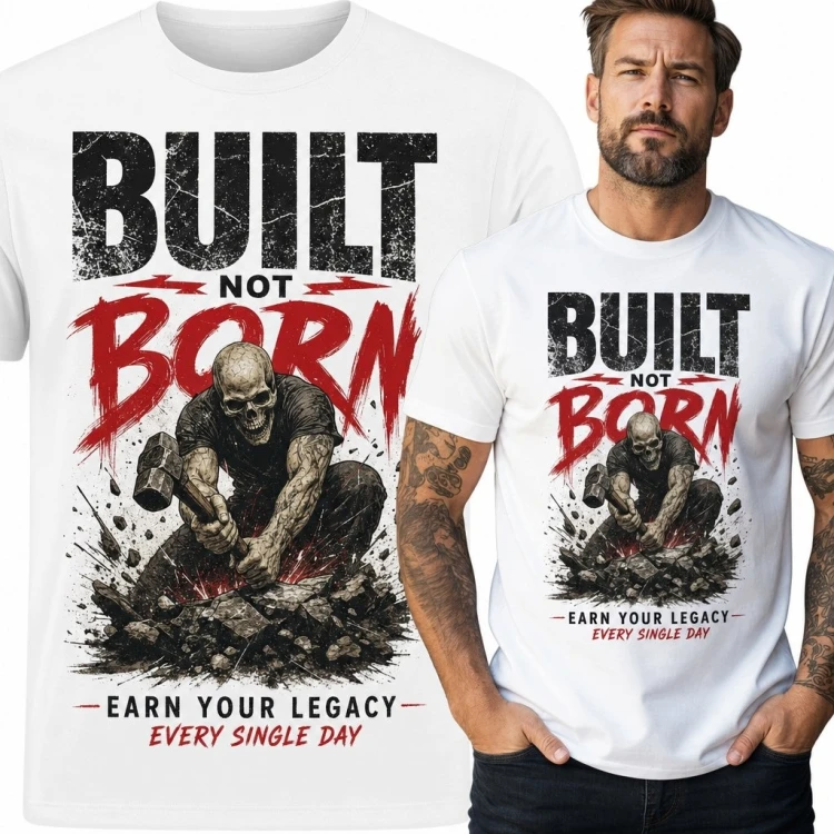 Koszulka męska z czaszkową postacią i młotem „Built Not Born”