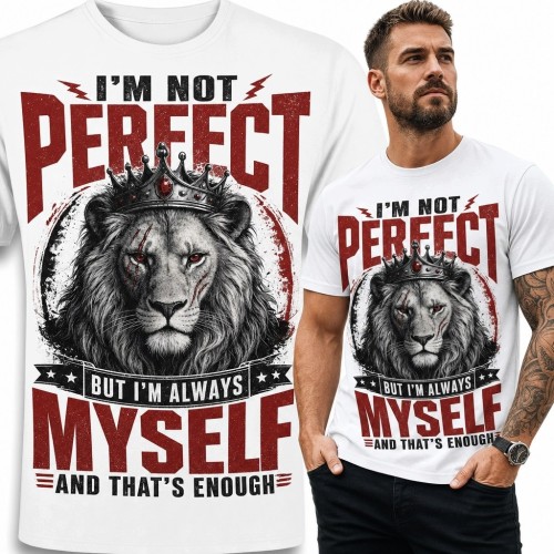 Koszulka męska z koronowanym lwem „I'm Not Perfect / But I'm Always Myself”