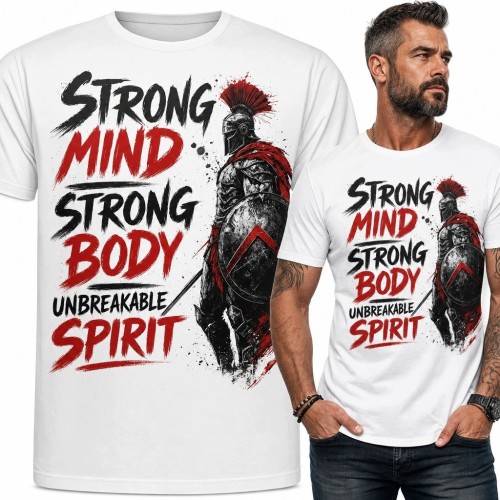 Koszulka męska z wojownikiem spartańskim „Strong Mind Strong Body Unbreakable Spirit” - motywacyjny wzór