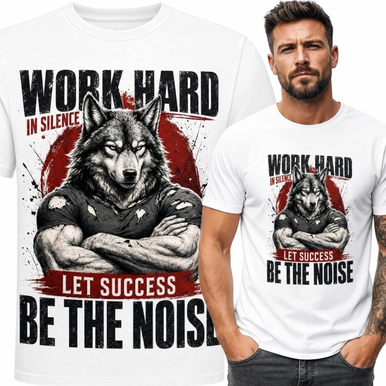Koszulka męska z wilkiem „Work hard in silence / Let success be the noise” - motywacyjny wzór
