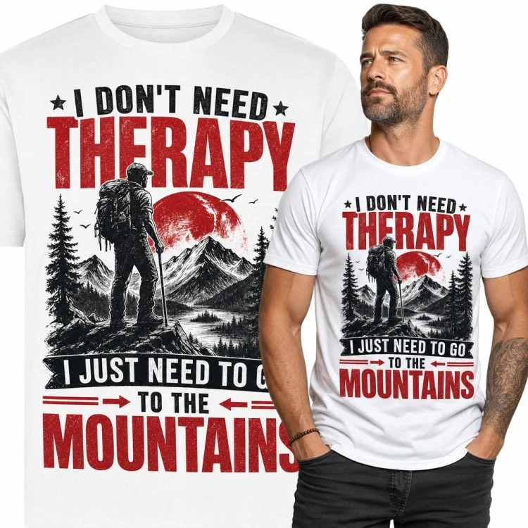 Koszulka męska z wędrowcem i górami „I don't need therapy I just need to go to the mountains” - retro