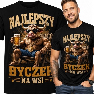 Koszulka męska „Najlepszy byczek na wsi” - byk z kuflem piwa