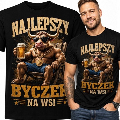 Koszulka męska „Najlepszy byczek na wsi” - byk z kuflem piwa