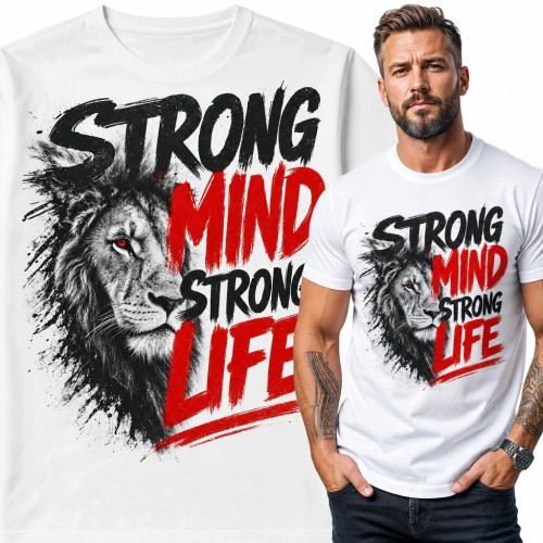Koszulka męska z lwem „Strong Mind Strong Life” - motywacyjny nadruk