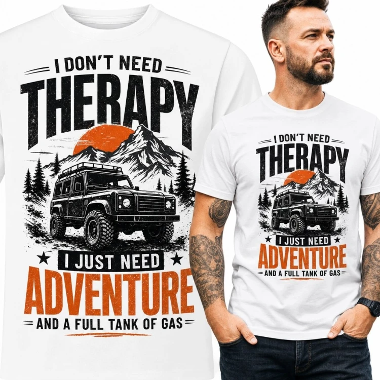 Koszulka męska z terenówką w górach „I Don't Need Therapy” - off-road i przygoda