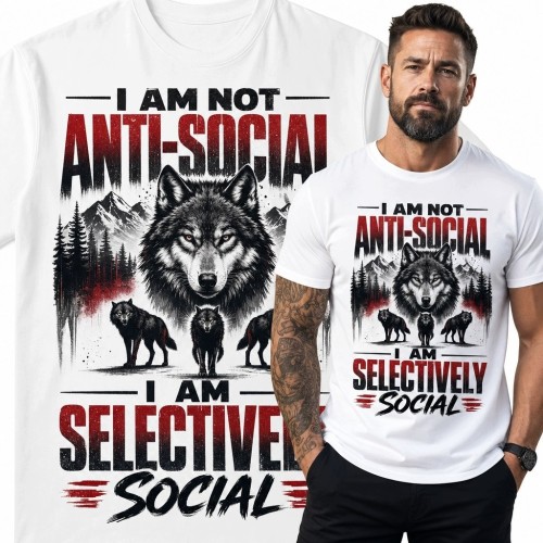Koszulka męska z wilczą watahą „I am not anti-social - I am selectively social”