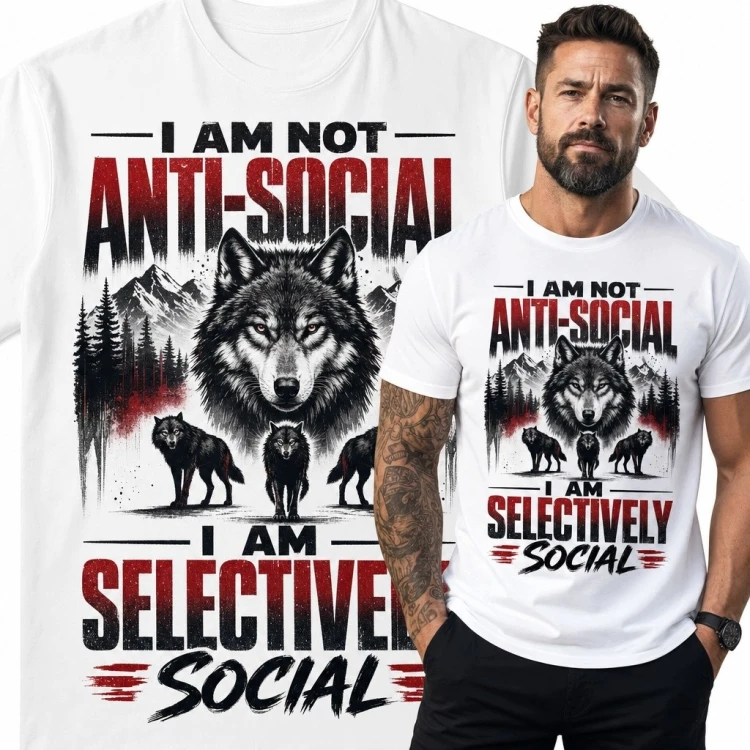 Koszulka męska z wilczą watahą „I am not anti-social - I am selectively social”