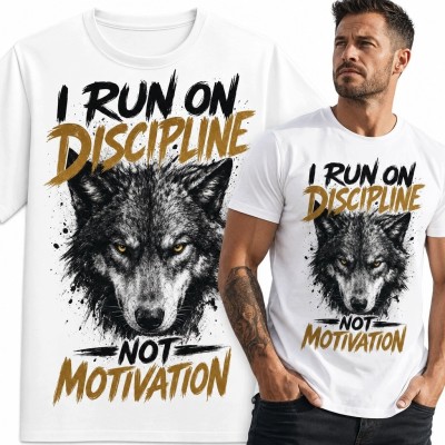 Koszulka męska z wilkiem „I Run on Discipline Not Motivation” - motyw dyscypliny