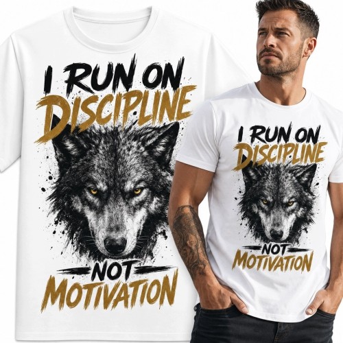 Koszulka męska z wilkiem „I Run on Discipline Not Motivation” - motyw dyscypliny