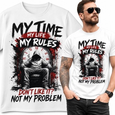 Koszulka męska z zakapturzoną postacią i zegarem „My time, my life, my rules” - mroczny manifest