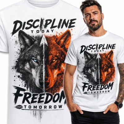 Koszulka męska z wilkiem i napisem „Discipline Today / Freedom Tomorrow” - motyw samodyscypliny