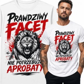 Koszulka męska z lwem „Prawdziwy facet nie potrzebuje aprobaty” - nadruk grunge
