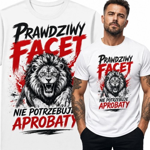 Koszulka męska z lwem „Prawdziwy facet nie potrzebuje aprobaty” - nadruk grunge